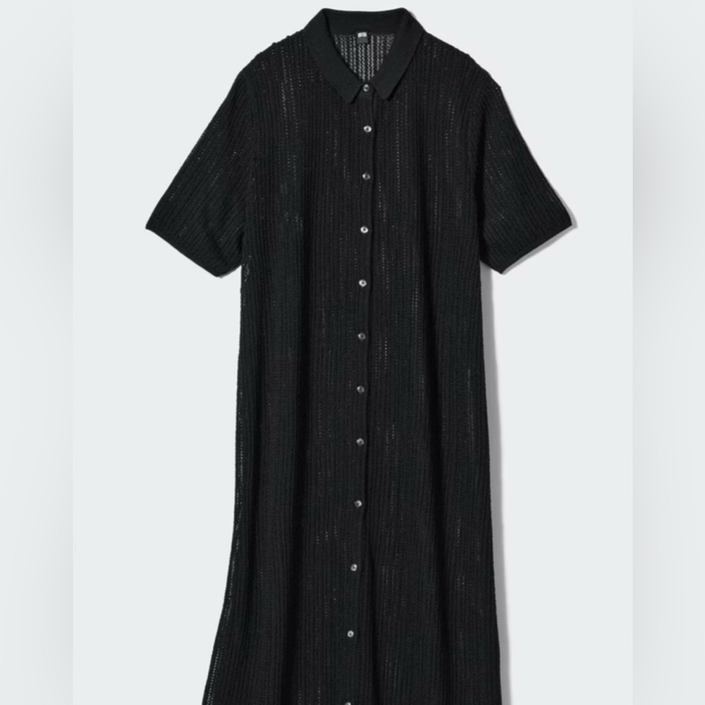 Uniqlo Knit Lace Black Sheer Knit Button-Up Dress